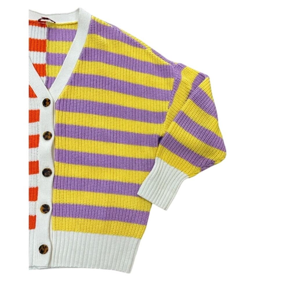 STAUD Essex Cardigan Cabana Stripe Orange Yellow Cream Purple Multi Large V-neck - Picture 15 of 16